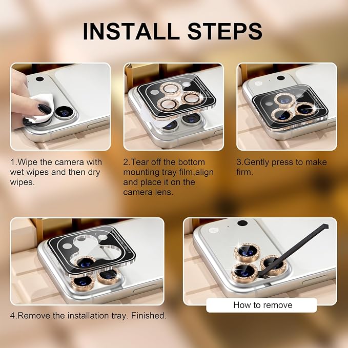Misea Compatible for iPhone 17 Pro/iPhone 17 Pro Max Camera Lens Protector | 9H Tempered Glass Ultra HD Bling Camera Screen Protector Cover Metal Individual Ring Decoration Accessories, Gold Glitter - Image 7