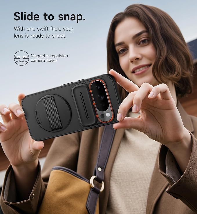 SURITCH for Google Pixel 10/10 Pro Case with 360° Rotatable Hand Strap Phone Grip Holder & Invisible Kickstand & Slide Camera Cover, Protective Cover for Pixel 10/10 Pro -Black - Image 7