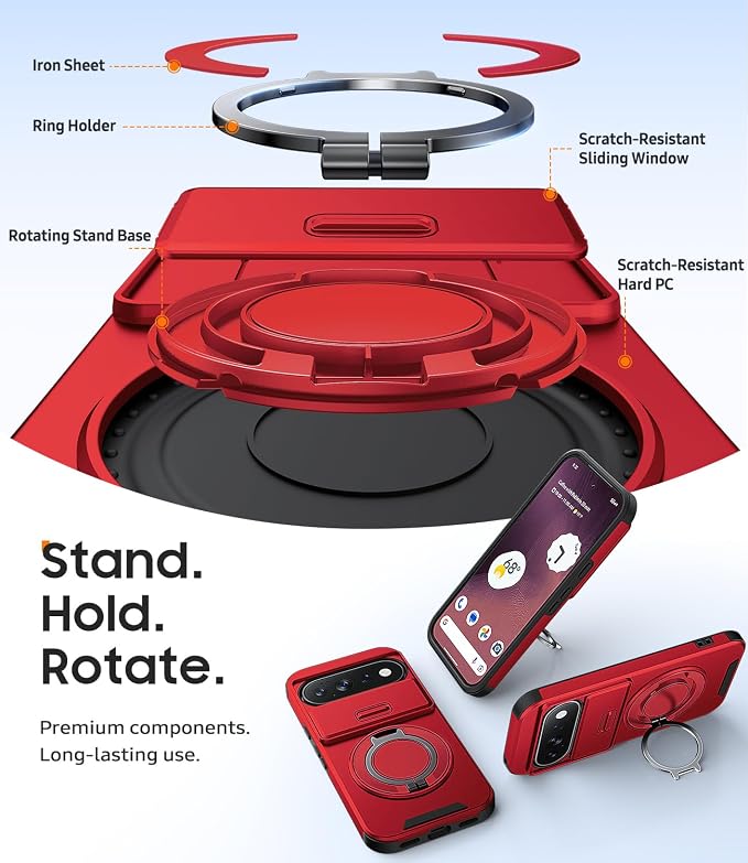 JAME for Google Pixel 10/10 Pro/11/11 Pro Case, Stand & Slide Camera Cover | Ring Holder Kickstand, Screen Protectors, Dual-Layer Shockproof Protective, Magnetic Accessory Friendly Phone Case, Red - Image 7
