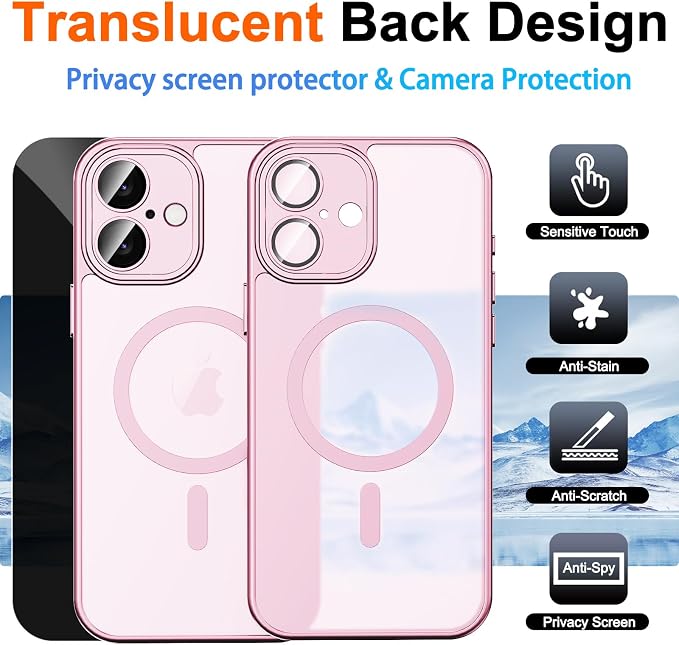 for iPhone 16 Case with Privacy Screen Protector, Pink | Full Camera Protection, Matte Translucent, Magnetic, Compatible with MagSafe, Shockproof Phone Cover, Slim Fit - Image 2