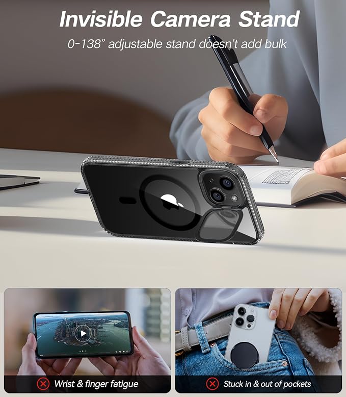 VOFATA [Upgraded] for iPhone 15 Case with Camera Cover Stand [Fit for MagSafe][9H Camera Lens Protector] Mil-Grade Protection Transparent Magnetic iPhone 15 Phone Case, Clear Black - Image 3