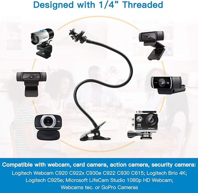 Pipishell 25 Inch Webcam Stand, Flexible Desk Mount Clamp Gooseneck Stand for Logitech Webcam C960 C930e C930 C920 C920S C922x C922 Brio 4K C925e C615 and Other Devices with 1/4" Thread-PIWS01 - Image 2