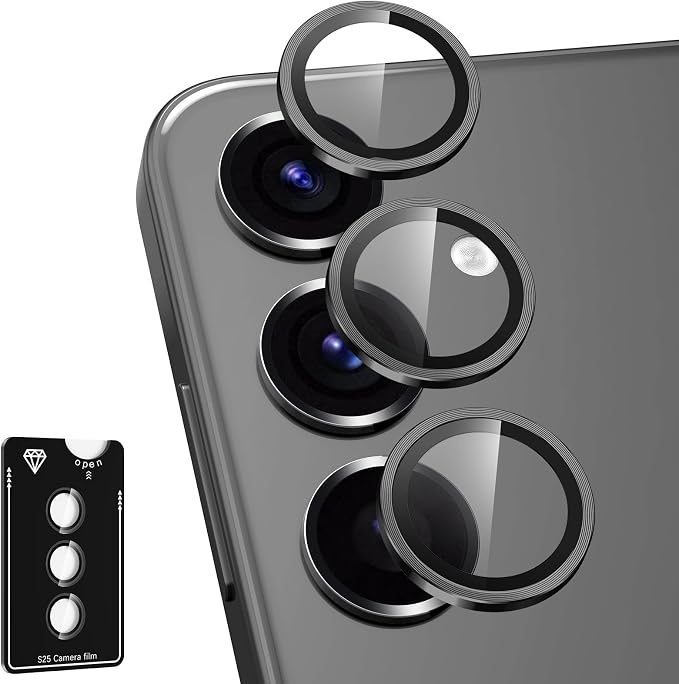 for Samsung Galaxy S25 Camera Lens Protector, Individual Metal Ring Tempered Glass Lens Cover, [Strong Adsorption] Scratch Resistant Ultra-Thin HD Clear Lens Cover, 1 Set-Black by Btscase