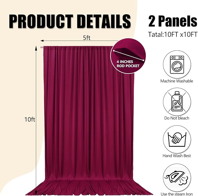 10ft x 10ft Burgundy Backdrop Curtains for Parties, Polyester Fabric Backdrop Drapes with Rod Pockets for Weddings, Birthday, Halloween, Photography, Christmas Party Background Curtain, 2 Panels - Image 3