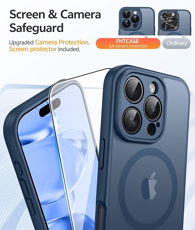 FNTCASE for iPhone 16 Pro Case, Fit for Magsafe, with Screen Protector Blue | Full Camera Protection, Translucent Matte, 14FT Military Grade Drop Proof, Shockproof Protective Phone Cover, Blue - Image 4