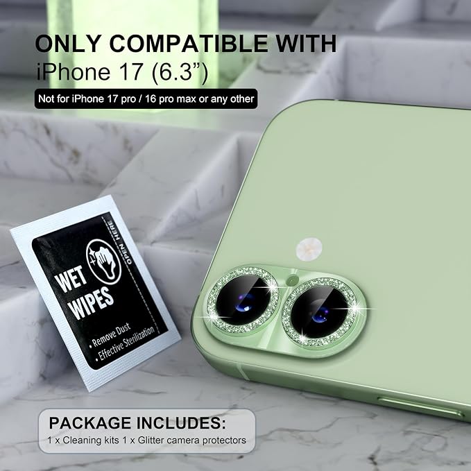Choiche for iPhone 17 Camera Lens Protector, Light-Sage | Bling Metal Camera Cover with 9H Tempered Glass Lens Screen Protector Accessories, Strong Adsorption, Case-Friendly - Image 2