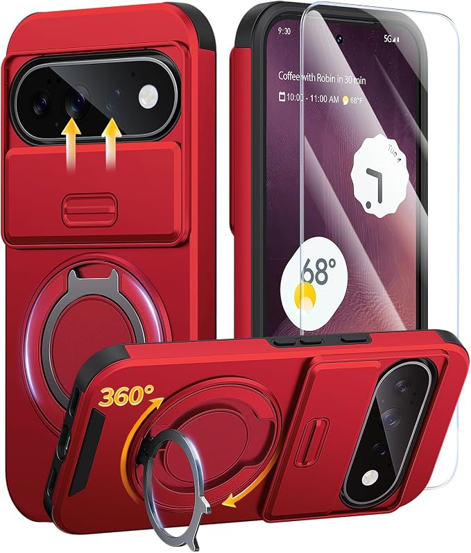 JAME for Google Pixel 10/10 Pro/11/11 Pro Case, Stand & Slide Camera Cover | Ring Holder Kickstand, Screen Protectors, Dual-Layer Shockproof Protective, Magnetic Accessory Friendly Phone Case, Red by JAME