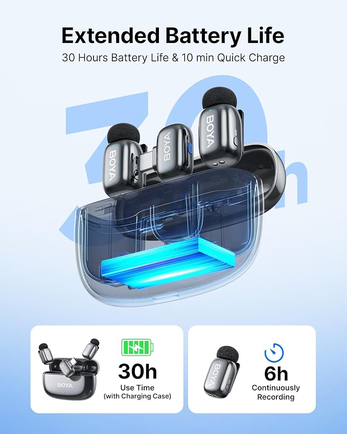 BOYA mini 2 Wireless Lavalier Microphone for iPhone 5-17 & Android Phone | Mini Mic with AI Noise Cancellation, App Control, 30H Battery Life with Charging Case for Recording Vlogging Streaming - Image 8