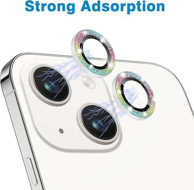 for iPhone 13 Mini & iPhone 13 Camera Lens Protector, Bling Glitter 9H Tempered Glass Camera Cover Anti Scratch Shockproof Screen Protector Individual Ring - 2Pcs Glitter Colorful - Image 3