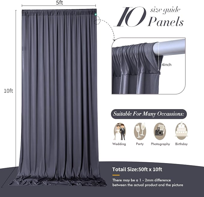 50 ft x 10 ft Wrinkle Free Charcoal Backdrop Curtain for Parties, Dark Grey Polyester Photo Backdrop Drapes for Baby Shower Wedding Engagement Birthday Party Backdrop Stand, 10 Panels 5ft x 10ft - Image 6