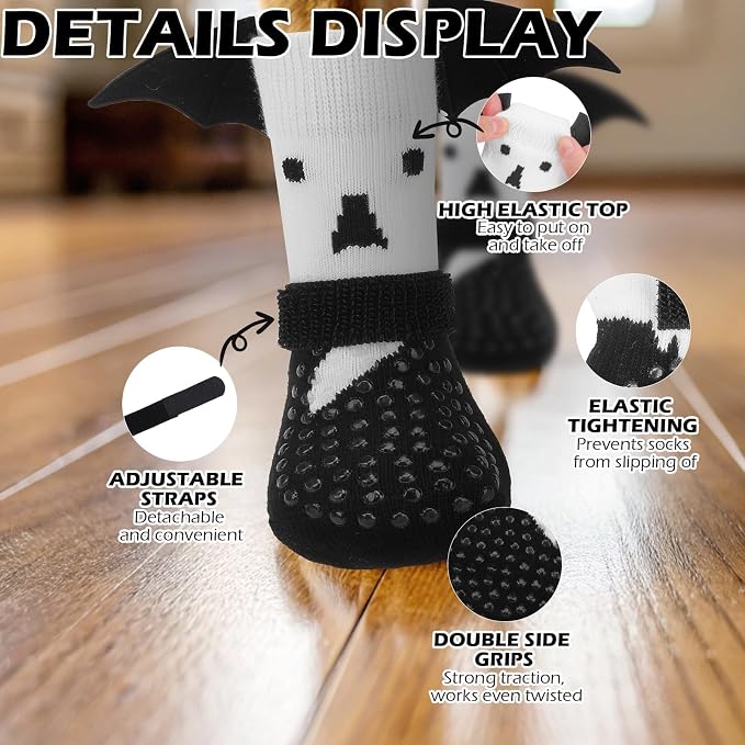EXPAWLORER Halloween Anti Slip Dog Socks to Prevent Licking Paws, Boots & Paw Protectors with Grippers,Doggie Booties for Hardwood Floors for Small Medium Large Senior Dogs Costume White Ghost Wings S - Image 4