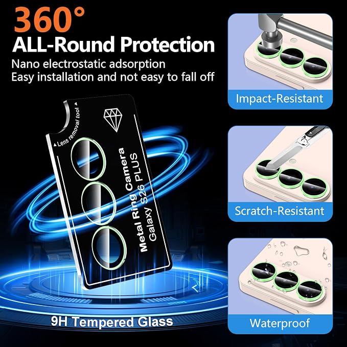 for Samsung Galaxy S26 Plus Camera Lens Protector, Individual Metal Ring Tempered Glass Lens Cover, [Strong Adsorption] Scratch Resistant Ultra-Thin HD Clear Lens Cover, 1 Set-Green Shine - Image 4