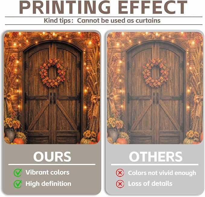 Rustic Barn Wooden Door Fall Backdrop 8x8ft Brick Wall Maple Leaf String Light Thanksgiving Background Pumpkin Sunflower Haystack Harvest Autumn Famliy Party Decorations Vinyl - Image 3