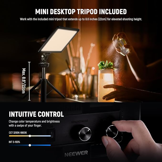 NEEWER 9" LED Video Light Panel, Dimmable DSLR Camera Soft Lighting with Mini Desk Tripod Stand, USB Type C Ports, 3200K~5600K CRI95+ for Studio Photography Video Recording Live Streaming, NL-116AI - Image 5