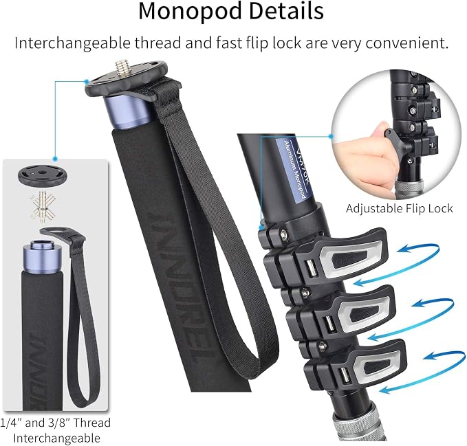Professional Video Monopod Kit-INNOREL VM70K Including CNC Aluminum Fluid Head, Removable Tripod Base and Flexible Monopod Stand for DSLR,Telescopic,Camera,Camcorders (VM70K) - Image 4