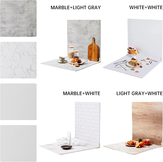 2 PCS 4 Pattern Boards Photo Backdrop for Flat Lay, Food Photography Background 24x24 Inch, BEIYANG (Marble+Light Gray) - Image 2