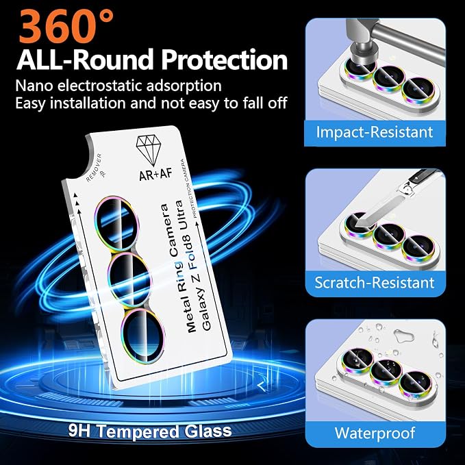 for Samsung Galaxy Z Fold 8 Ultra Camera Lens Protector, Individual Metal Ring Tempered Glass Lens Cover, [Strong Adsorption] Scratch Resistant Ultra-Thin HD Clear Lens Cover, 1 Set-Colorful Ring - Image 2
