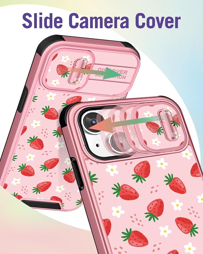 Buleens for iPhone 15 Case 6.1 Inch - with Ring Stand & Camera Cover Aesthetic Cute Designed for Women Girls Girly Pretty Strawberry for Phone Case for iPhone 15 Compatible with Magsafe - Image 3