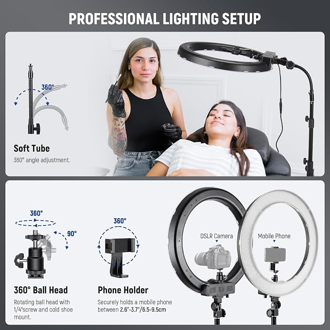 NEEWER Ring Light 18inch Kit: 55W 5600K Professional LED with Stand and Phone Holder, Soft Tube & Bag for Tattoo Lash Extension Barber Makeup Artist Studio Video Photography Lighting, RL-18 - Image 7