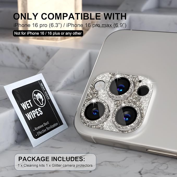 Choiche for iPhone 16 Pro/iPhone 16 Pro Max Camera Lens Protector | Bling Camera Cover with 9H Tempered Glass Lens Screen Protector Metal Ring Decoration Accessories (Glitter-Titanium Natural) - Image 2