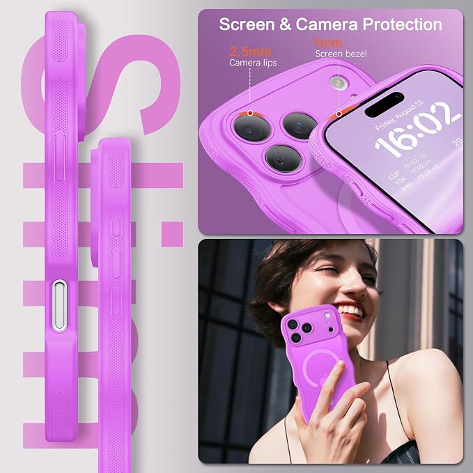 BENTOBEN Magnetic for iPhone 17 Pro Max Case, Cute Wavy [Full Camera Protection][Compatible with MagSafe] Matte Anti-Slip Bumper Women Girls Boys Protective Cover for 17 ProMax 6.9", Berry Purple - Image 6