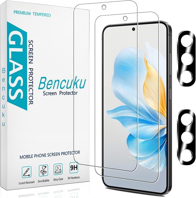 2+2 Pack Screen Protector for Samsung Galaxy S24 Tempered Glass | with Camera Lens Protector, Fingerprint Unlock Compatible, 9H Hardness, Anti Scratch, Bubble Free by Bencuku