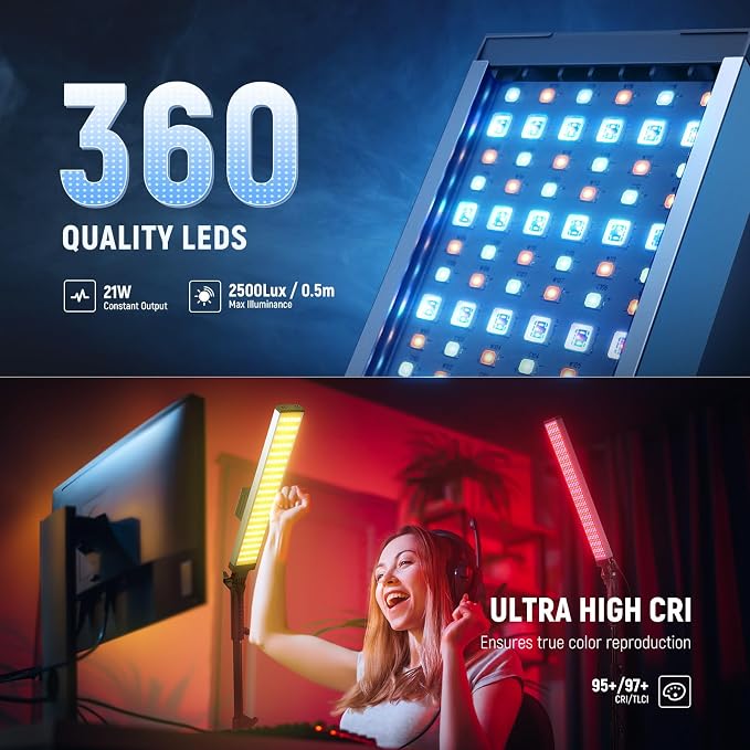 NEEWER Photography RGB Light Stick Kit, 2 Pack LED Video Tube Lights w/Stands, Diffusers, 3250Lux Dimmable Light Wand 2500-10000K CRI95+/TLCI97+ APP/2.4G/Panel Control for Live/Videos/Vlog, BH20C - Image 2