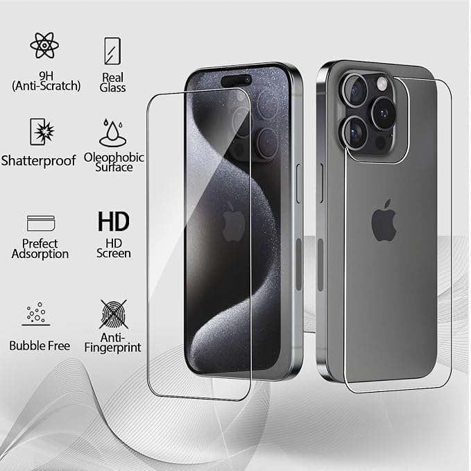Front and Back Protector for iPhone 15 Pro Max + Camera Lens Protector | (2+2+2) 9H Hardness, Easy to Install with Alignment Tool,Case Friendly - Image 2