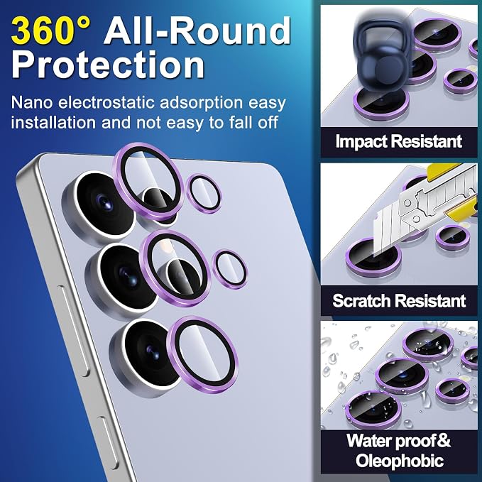 for Samsung Galaxy S25 Ultra Camera Lens Protector, Individual Metal Ring Tempered Glass Lens Cover, [Strong Adsorption] Scratch Resistant Ultra-Thin HD Clear Lens Cover, 1 Set-Purple - Image 3