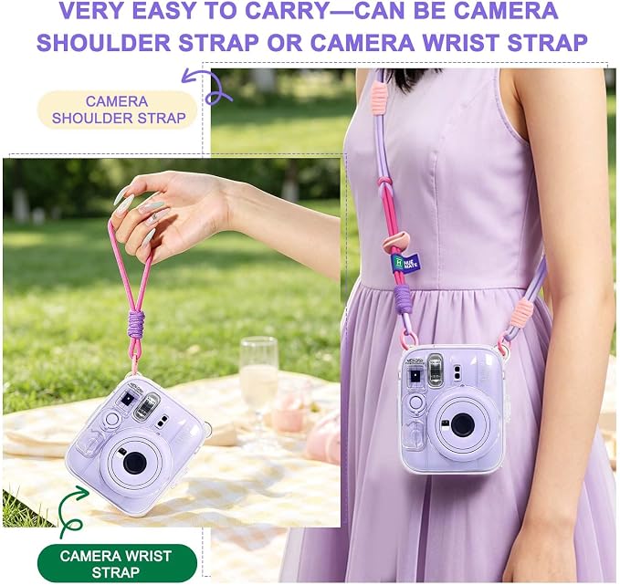 Clear Camera Case for Fujifilm Instax Mini 13, Purple Camera Strap | Protective Cover with Anti-Accidental Shutter, 4 Composition Cards, Photo Storage Holds 10 Films,Clear Hard Shell, No Camera - Image 8