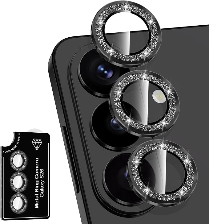 for Samsung Galaxy S26 Camera Lens Protector, Individual Metal Ring Tempered Glass Lens Cover, [Strong Adsorption] Scratch Resistant Ultra-Thin HD Clear Lens Cover, 1 Set-Black Sparkly by Btscase