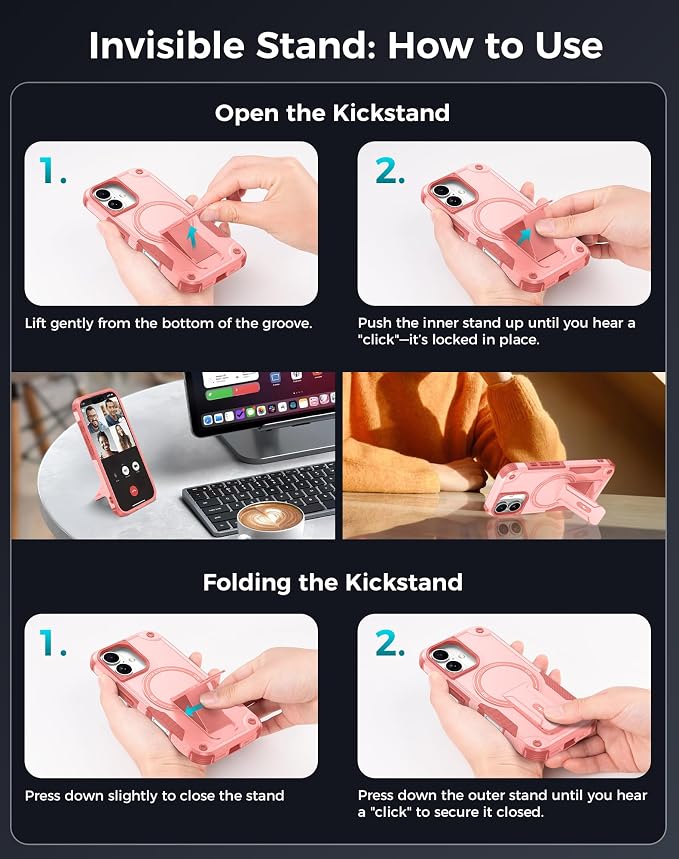 Goton 3 in 1 for iPhone 16 Case with Privacy Screen Protector Pink | Glass Camera Lens Protector,Compatible for MagSafe,Invisible Kickstand, Shockproof Phone Cover for iPhone16 - Image 8