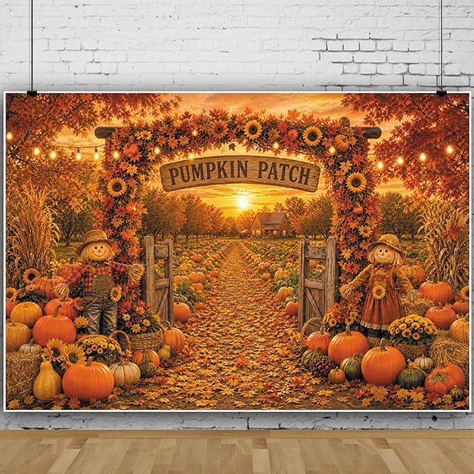 Fall Pumpkin Patch Backdrop 8x6ft Thanksgiving Autumn Harvest Scarecrow Sunflower Photography Background Fall Pumpkin Leaves Theme Baby Shower Party Decorations Photo Booth Props Vinyl by Leowefowa