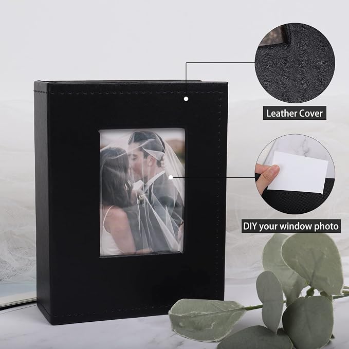 RECUTMS 100 Photo Album for 4x6 Small Leather Photo Book for Family Black | White Inner Page, 100 Vertical Pockets, Small Photo Albums for Anniversary, Wedding, Graduation Photobook, DIY Cover Window - Image 3