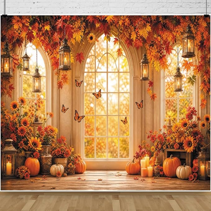 Fall Butterfly Floral Backdrop for Photography 8x8ft Autumn Window Pumpkin Maple Flowers Backdrop Thanksgiving Theme Background Birthday Party Decorations Photo Booth Props Vinyl by Leowefowa