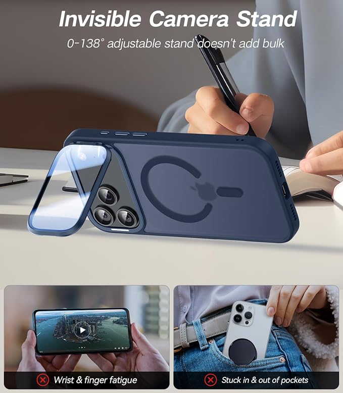 VOFATA [Upgraded Full Camera Protection] for iPhone 17 Pro Case with Camera Cover Stand [Fit for MagSafe][10FT Mil-Grade Protection] Translucent Magnetic iPhone 17 Pro Phone Case, Blue - Image 3