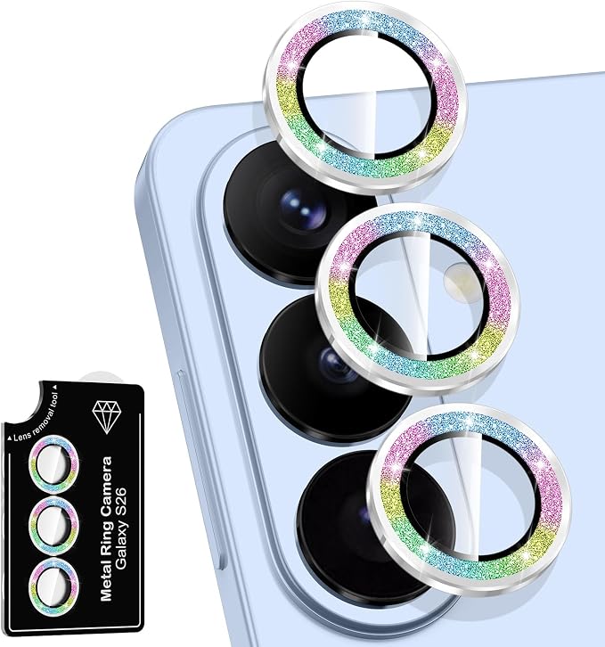 for Samsung Galaxy S26 Camera Lens Protector, Individual Metal Ring Tempered Glass Lens Cover, [Strong Adsorption] Scratch Resistant Ultra-Thin HD Clear Lens Cover,1 Set-Colorful Sparkly by Btscase