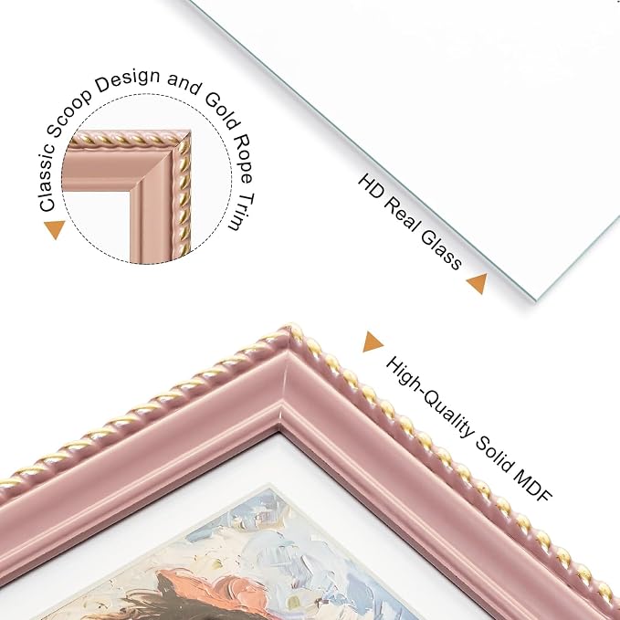 8x10 Picture Frame in Pink with Classic Rope Edge, Solid Wood with Real Glass, Display 8x10 Photos Matted to 5x7, Vertical and Horizontal Desk Tabletop or Wall Hanging - Image 4