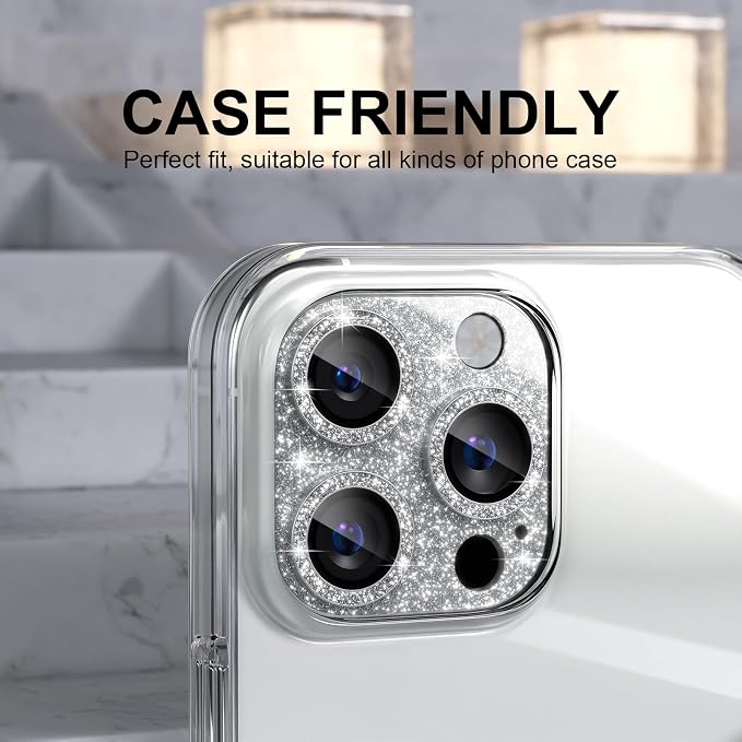 Choiche for iPhone 16 Pro/iPhone 16 Pro Max Camera Lens Protector | Bling Camera Cover with 9H Tempered Glass Lens Screen Protector Metal Ring Decoration Accessories (Glitter-Silver) - Image 4