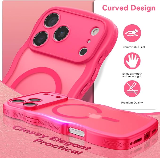 BENTOBEN Magnetic for iPhone 17 Pro Max Case, Cute Wavy [Full Camera Protection][Compatible with MagSafe] Matte Anti-Slip Bumper Women Girls Boys Protective Cover for 17 ProMax 6.9", Hot Pink - Image 2