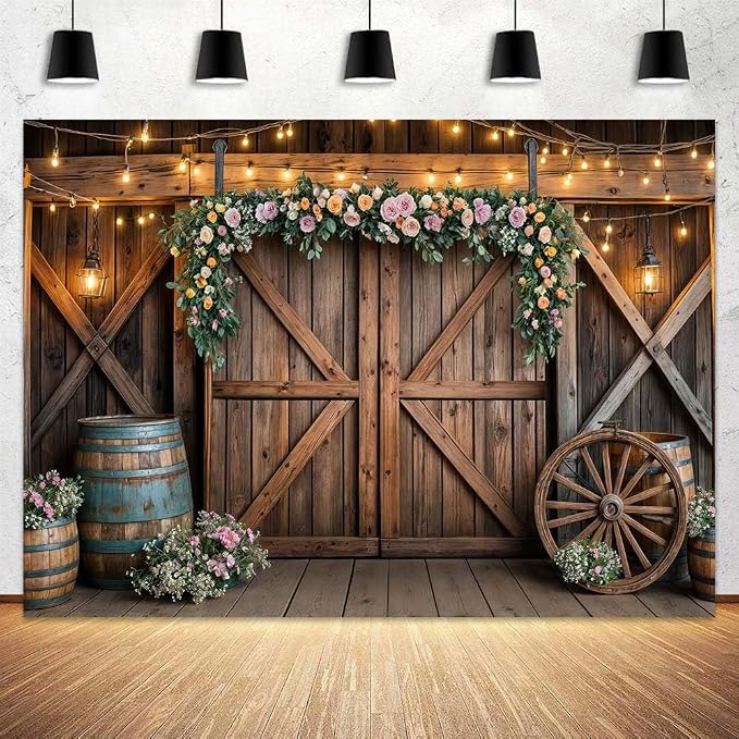 9x6ft Country Wedding Photography Backdrop Rustic Barn Door Photography Backdrop Farmhouse Pink Flower Cabin Wooden Birthday Baby Shower Wedding Bridal Party Banner Photo Booth Props Background - Image 2
