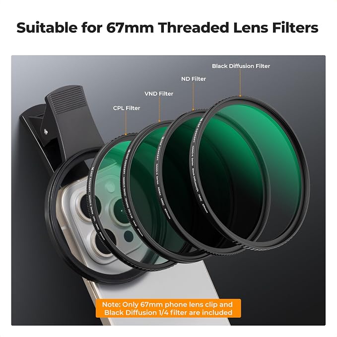 K&F CONCEPT 67mm Clip-on Black Diffusion 1/4 Phone Camera Lens Filter Kit | Mist Cinematic Effect Filter Compatible with iPhone 16 15 14 13 12 11, for Video/Vlog/Portrait Photography, FP101 - Image 4