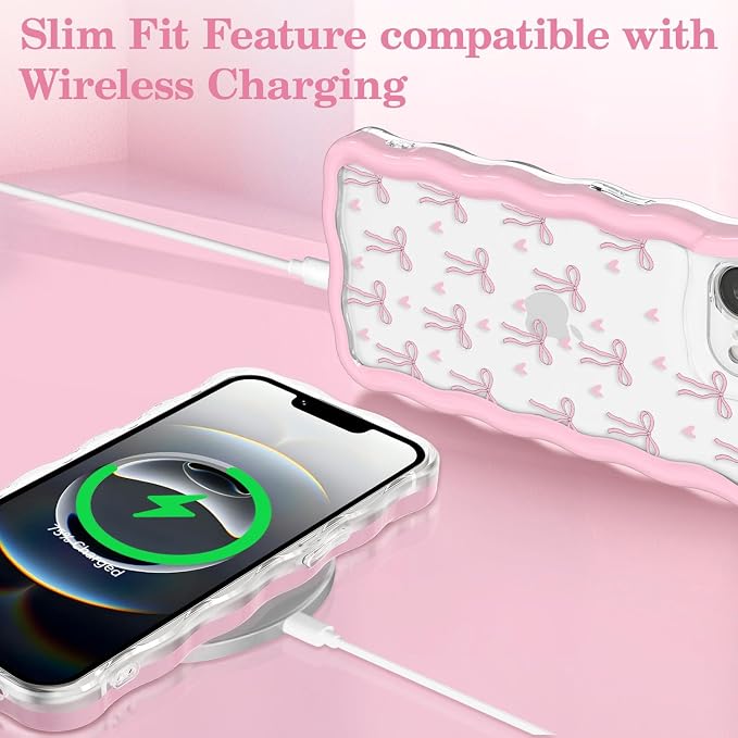 QLTYPRI for iPhone 17e/16e Pink Bow Case, Clear Cute Pink Ribbon Bow Phone Case Curly Wavy Aesthetic Phone Cover, Soft Slim Transparent TPU Shockproof Protective Cover for Women Girls - Love Bow - Image 5