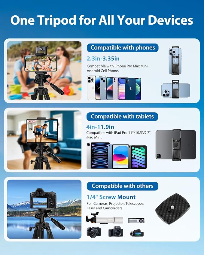 75" Camera Tripod Stand, Heavy Duty with Remote for DSLR iPad iPhone | Aluminum Tripod 20% taller, Foldable 2.9lb, Remote & Carry Bag, 15lb Load, for Sony Canon Nikon Phone Tablet Spotting Scope - Image 5
