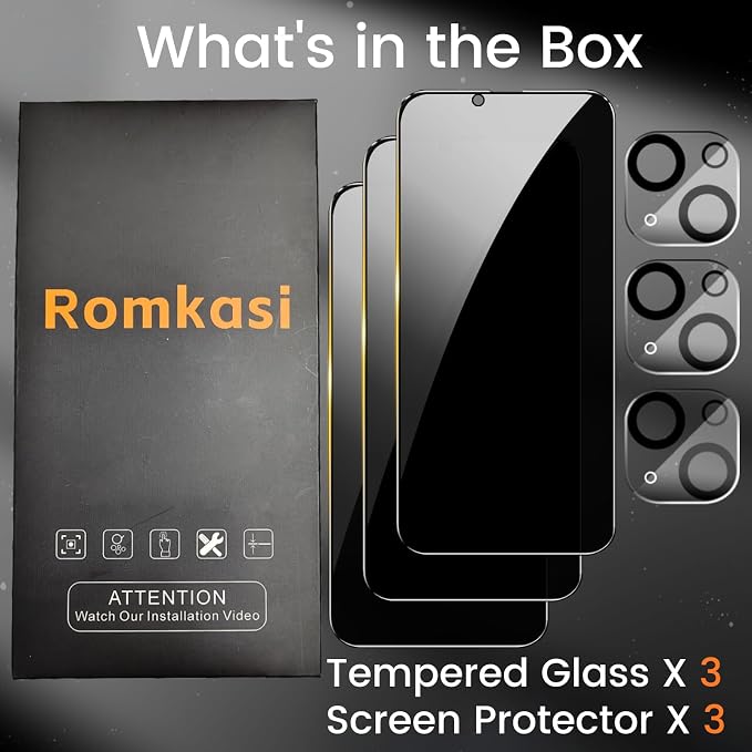 Romkasi 3 Pack Privacy Screen Protector for iPhone 14 Pro Max 6.7 Inch with 3 Pack Camera Lens Protector, Anti Spy Tempered Glass Film, Anti-Scratch, Touch Sensitive, Case Friendly - Image 2