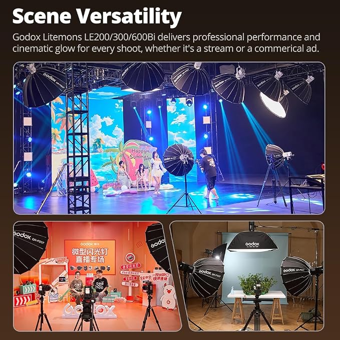 Godox LE200Bi 220W Bi-Color COB LED Video Light with Bowens Mount, 2800K-6500K, CRI/TLCI≥98, 0-100% Dimming, 11 FX Modes, Bluetooth/DMX Control for Studio Streaming | 2800K-6500K,57700 LUX,CRI/TLCI≥98,11 FX,APP Control,for Photography,Live Streaming - Image 9