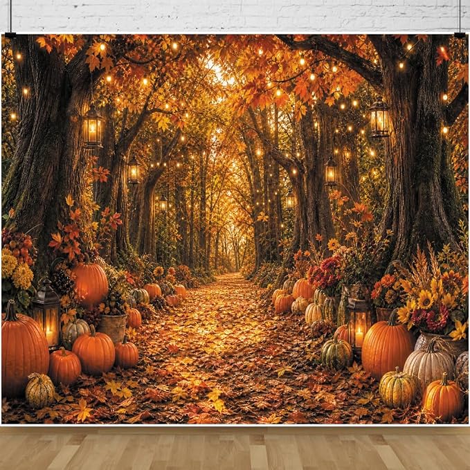 Fall Autumn Forest Photography Backdrop 8x8ft Autumn Woodland Pumpkin Maple Leaves Background Fall Thanksgiving Orange Flowers Seasonal Party Decorations Banner Vinyl by Leowefowa