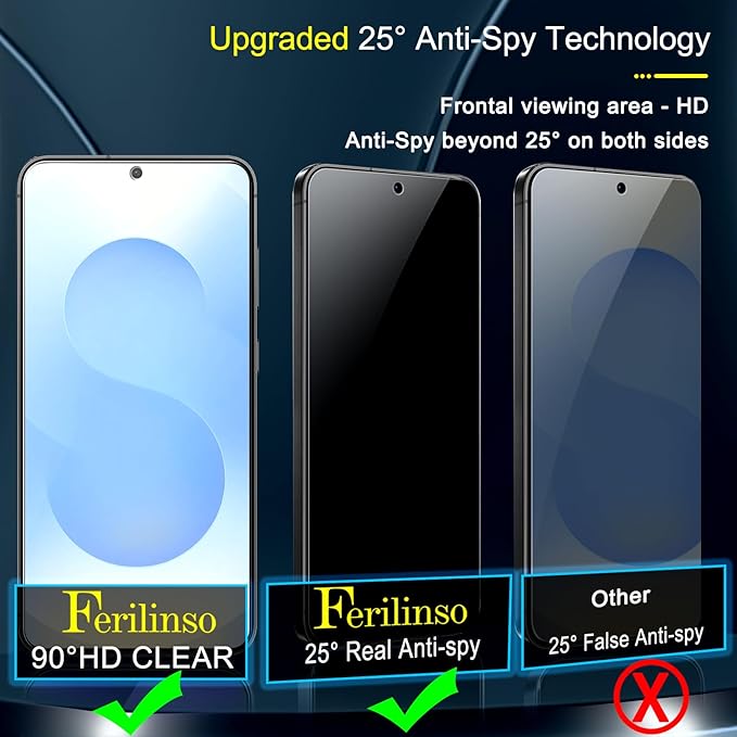 Ferilinso Privacy Screen Protector for Samsung Galaxy S25, Tempered Glass | 3 Pack, 9H+ Hardness, Military-Grade Shatterproof, Case Friendly, Easy Installation Bubble Free, with Camera Lens Protectors - Image 4