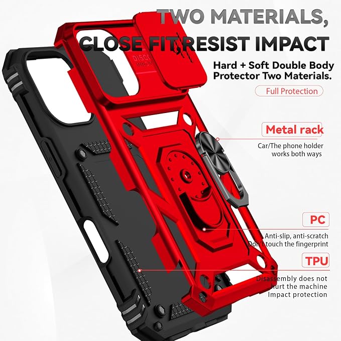 HNHYGETE for iPhone 16 Case with Screen Protector: [Military Grade 20ft. Drop Tested] Slide Camera Cover Ring Shockproof Protective Phone Case for - iPhone 16 (Red) - Image 5