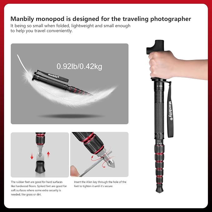 Carbon Fiber Camera Monopod, Portable Compact Lightweight Travel Monopod with Walking Stick Handle for DSLR Canon Nikon Sony Video Camcorder, 28mm Thick Leg, Max Load 22 lbs/10kg - Image 5